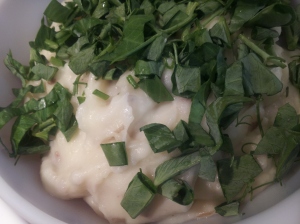 garlic mashed potato with peashoots